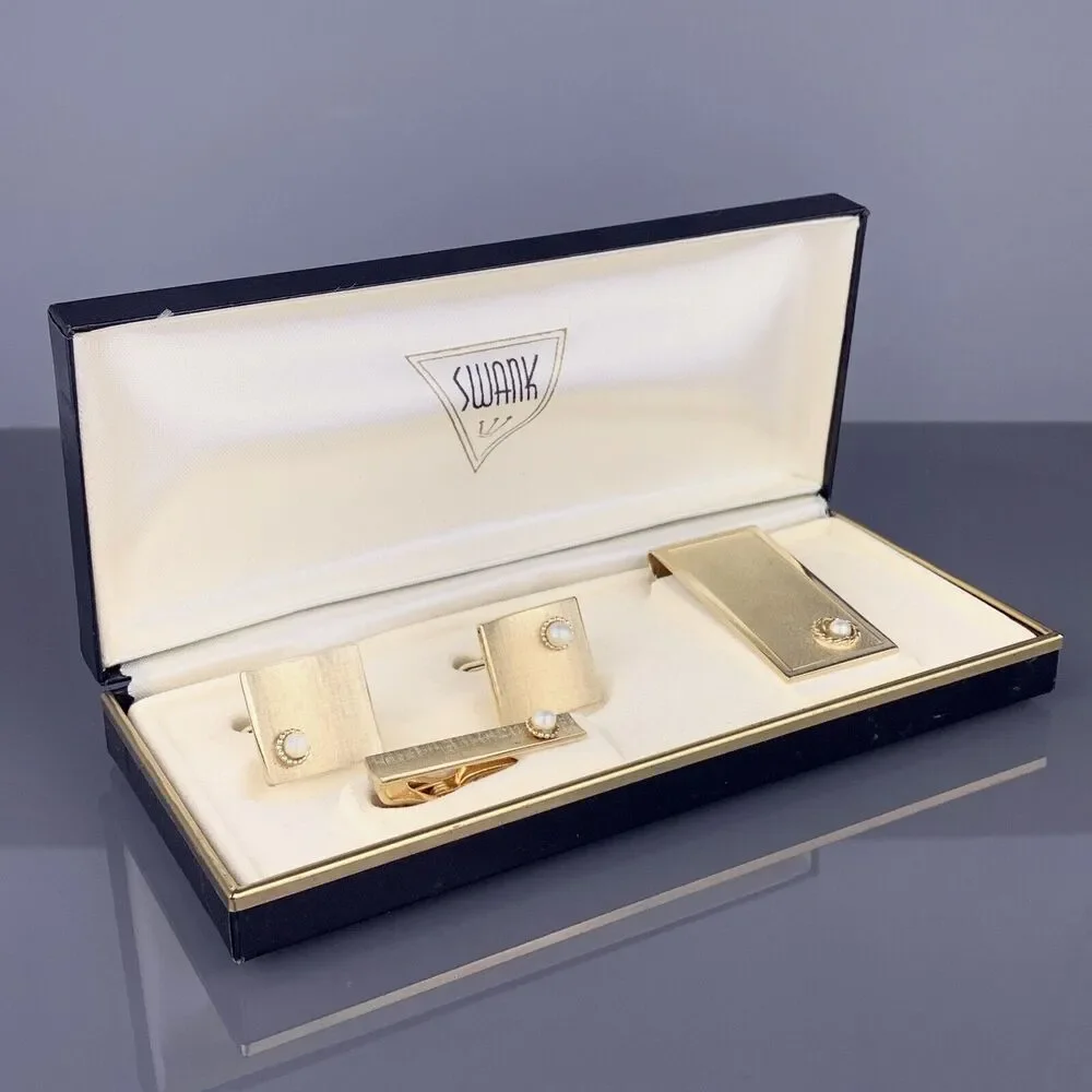 Faux Pearl Square Gold Tone Cufflinks Tie Pin Money Clip Textured Swank Vintage